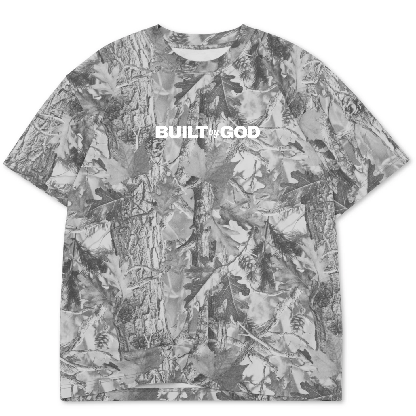 Camouflage-patterned t-shirt with 'BUILT BY GOD' text on a white background